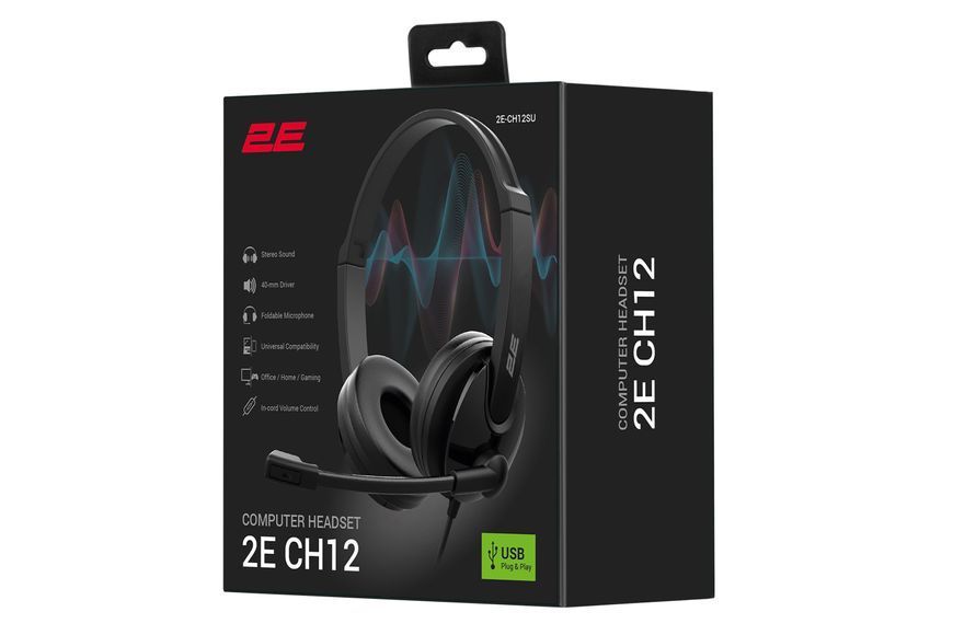 Гарнітура ПК стерео On-ear 2E CH12 USB, omni-mic, 2м, чорний 2E-CH12SU фото