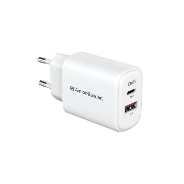 Зарядний пристрій ArmorStandart AR-T252WEU 25W GaN USB-C+ USB-A White (ARM89532) ARM89532 фото